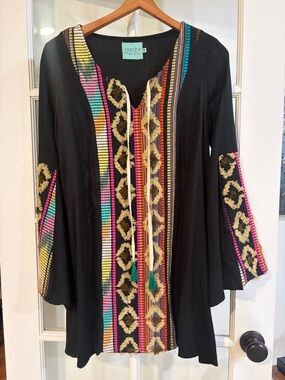 Judith March Embroidered Dress Black Boho Aztec Style Midi Western Bell Sleeve